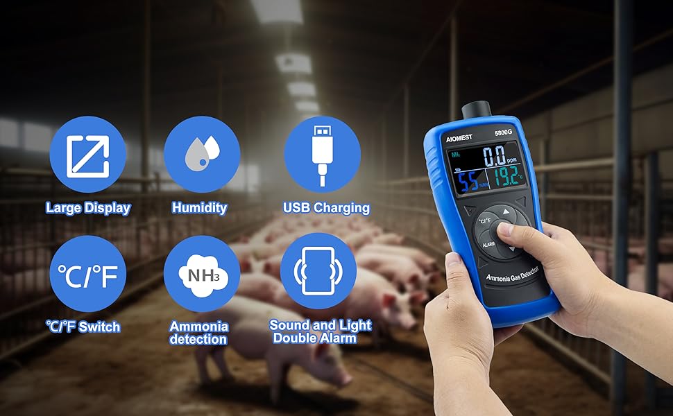 Professional Ammonia Gas Meter Detector, Digital NH3 Monitor Sensor with Range 0~100 PPM, Temperature, Humidity, Rechargeable