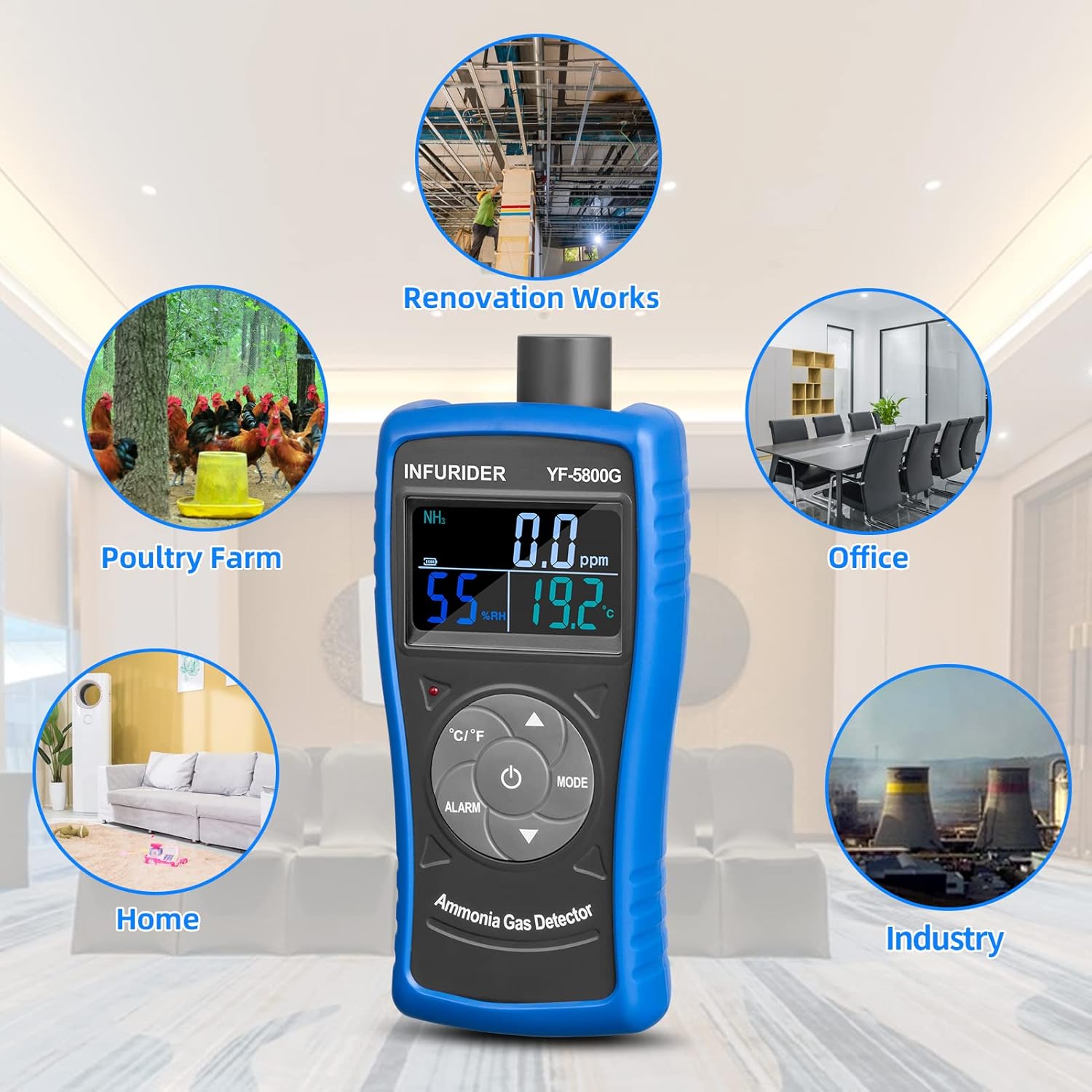 Professional Ammonia Gas Meter Detector, Digital NH3 Monitor Sensor with Range 0~100 PPM, Temperature, Humidity, Rechargeable