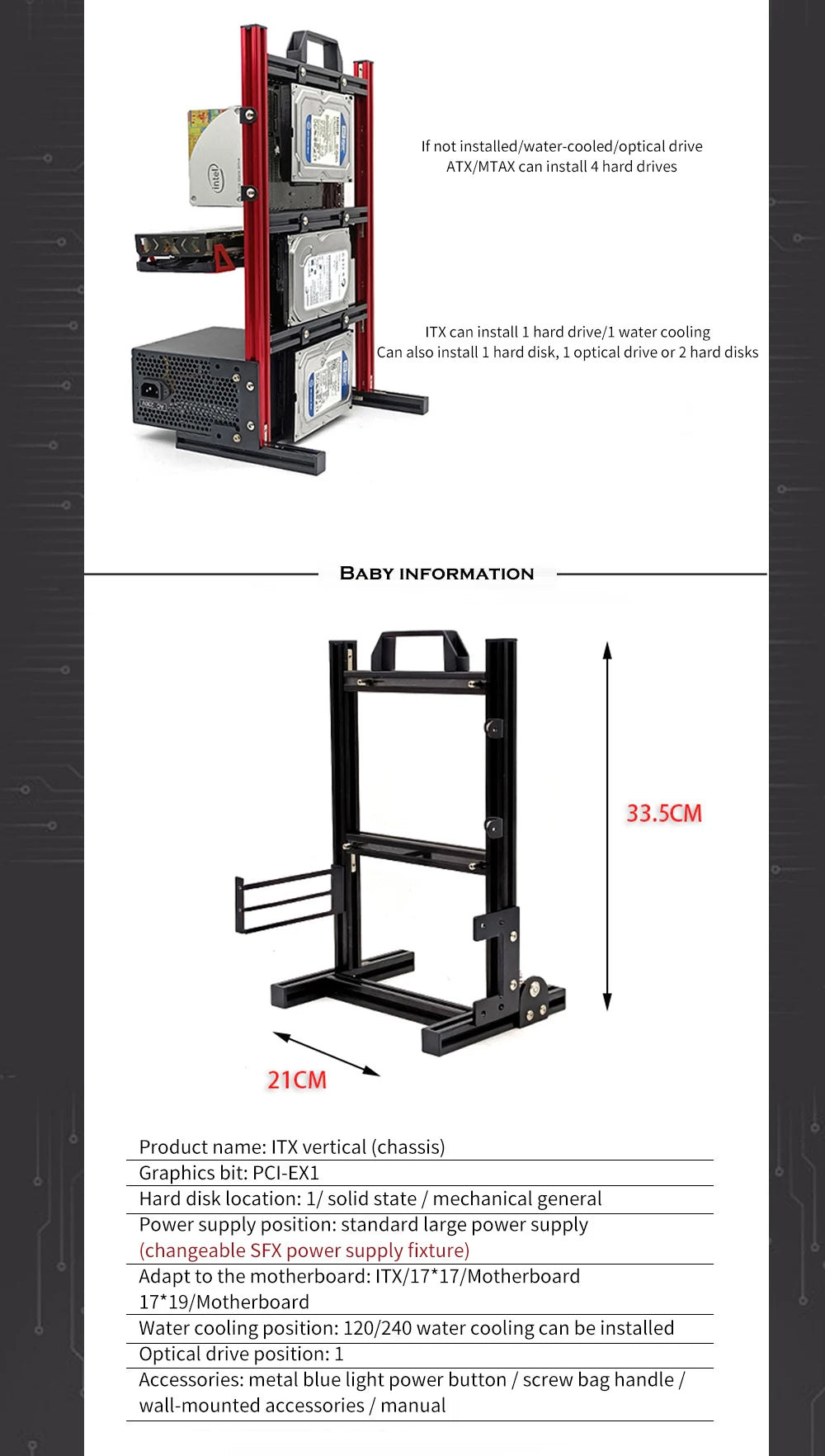 Aluminum Fully Open Case Frame Support ITX / MATX /ATX Motherboard,Vertical Computer Housing PC Water Cooling Gamer DIY Cabinet