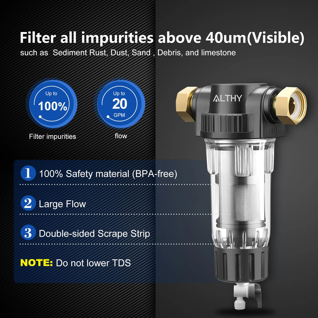 ALTHY Pre filter Whole House Spin Down Sediment Water Filter Central Prefilter Purifier System Backwash Stainless Steel Mesh