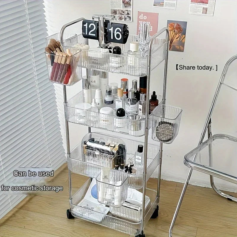 3Tier Clear Storage Cart with Wheels: Multifunctional Rolling Organizer for Home and Office, Ideal for Bedroom, Living Room，