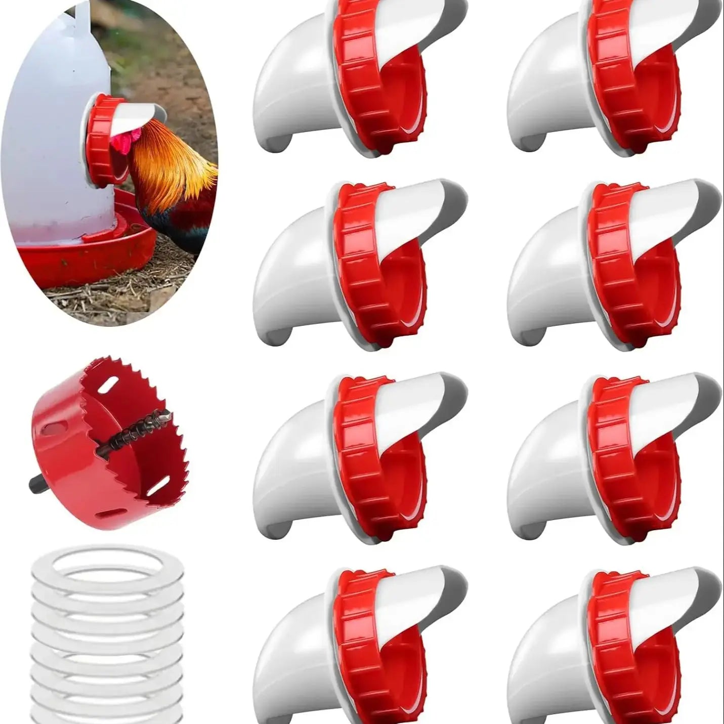 Comederos para pollos DIY, comederos para pollos sin residuos, alimentador automático para aves de corral, 8 puertos, sierra de 1 orificio, alimentador para pollitos por gravedad, a prueba de roedores y lluvia