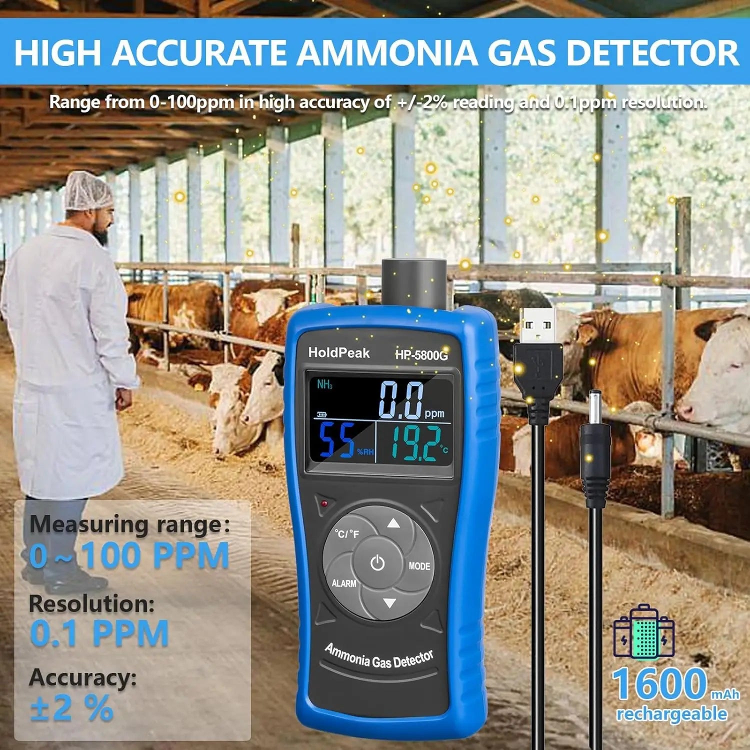 Professional Ammonia Gas Meter Detector, Digital NH3 Monitor Sensor with Range 0~100 PPM, Temperature, Humidity, Rechargeable