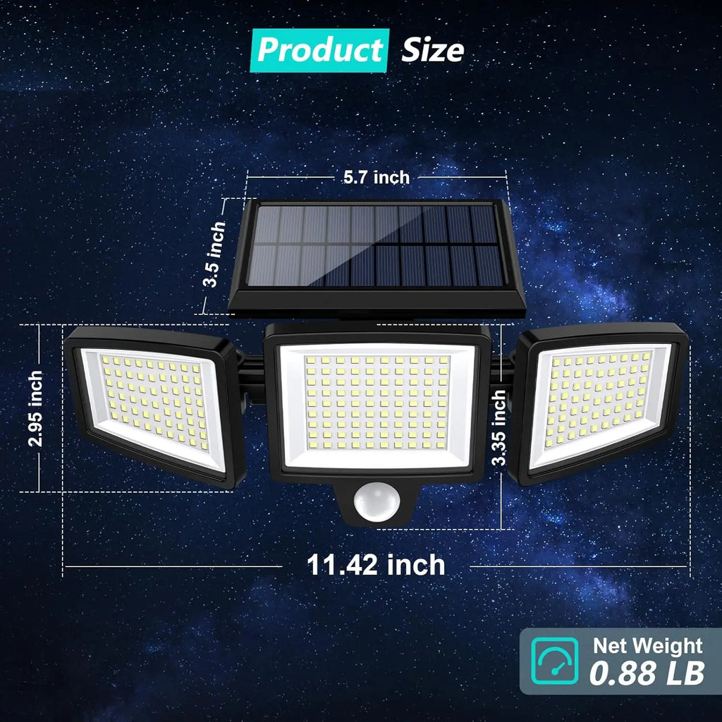 Luz Solar impermeable para exteriores con Sensor de movimiento, luz de seguridad de 3 cabezales y más de 200 LED para porches, garajes, entradas de patio