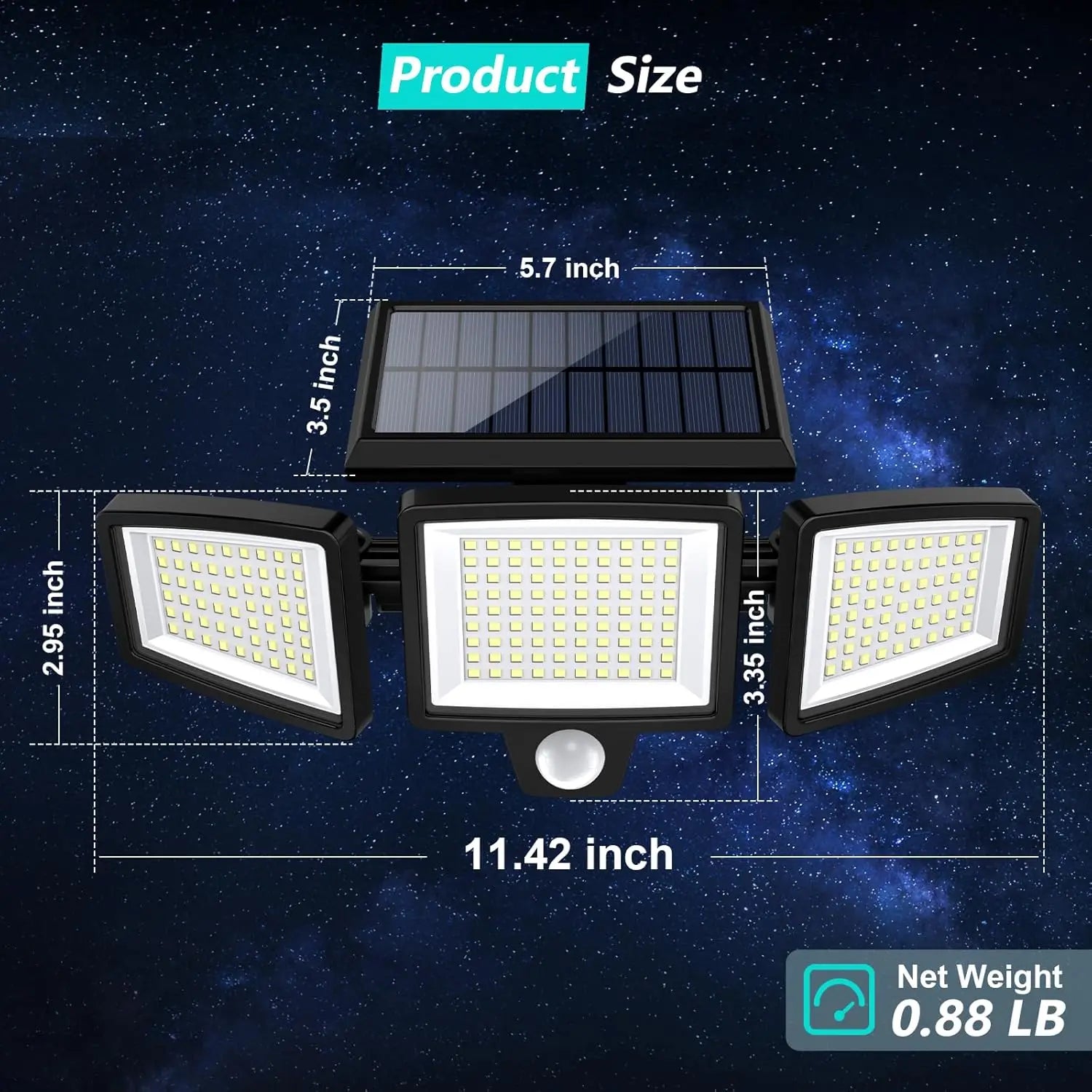 Luz Solar impermeable para exteriores con Sensor de movimiento, luz de seguridad de 3 cabezales y más de 200 LED para porches, garajes, entradas de patio