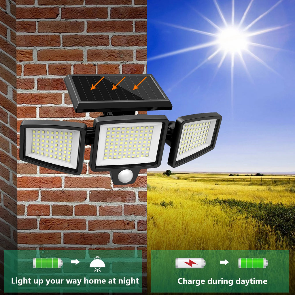 Luz Solar impermeable para exteriores con Sensor de movimiento, luz de seguridad de 3 cabezales y más de 200 LED para porches, garajes, entradas de patio