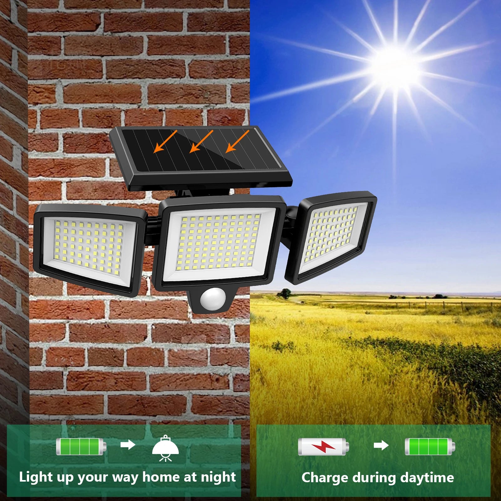 Luz Solar impermeable para exteriores con Sensor de movimiento, luz de seguridad de 3 cabezales y más de 200 LED para porches, garajes, entradas de patio