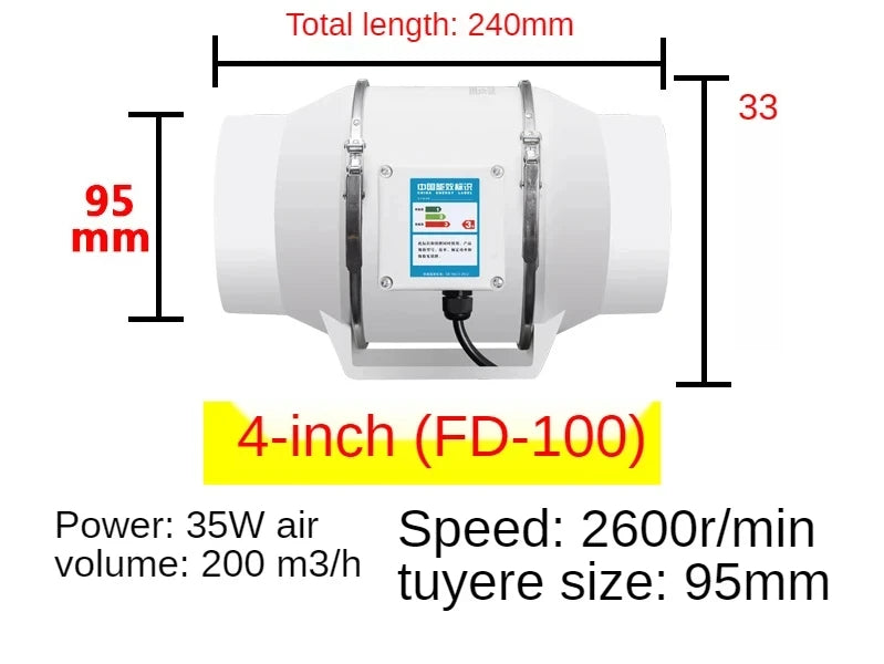 220V Exhaust Fans Household Low Noise Inline Duct Ventilation Fan Kitchen Bathroom Air Clean Ventilation Exhaust Fan 220m³/h
