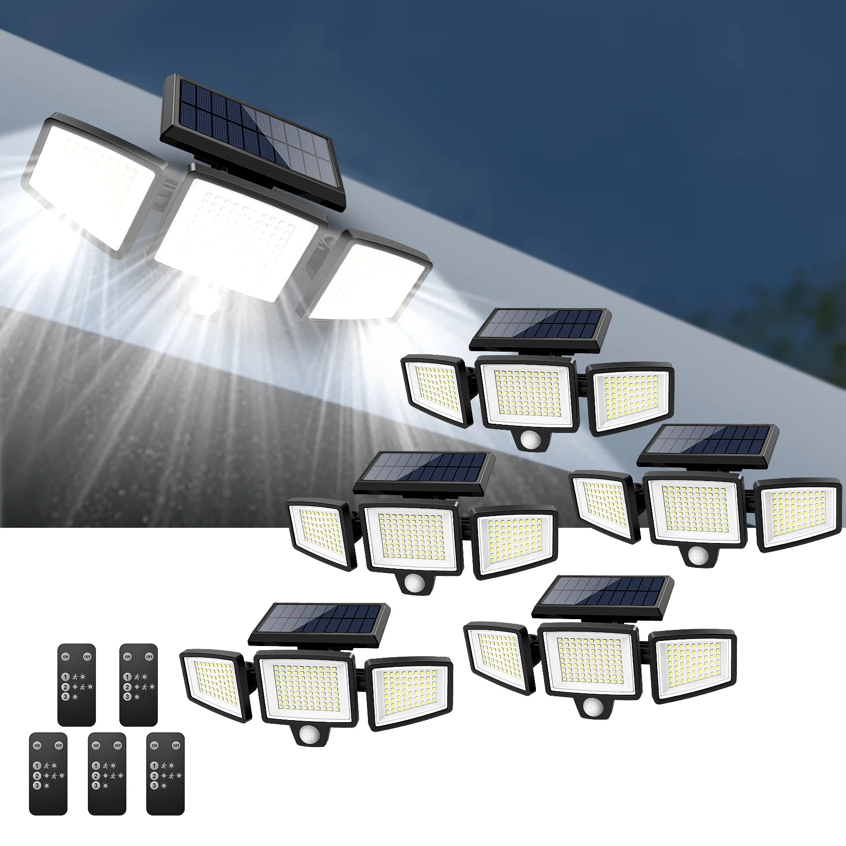Luz Solar impermeable para exteriores con Sensor de movimiento, luz de seguridad de 3 cabezales y más de 200 LED para porches, garajes, entradas de patio