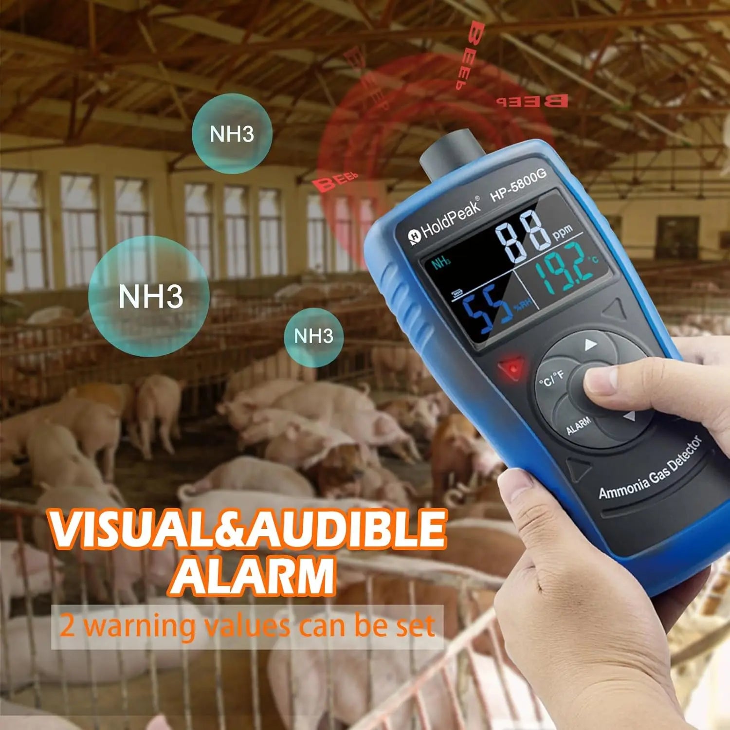 Professional Ammonia Gas Meter Detector, Digital NH3 Monitor Sensor with Range 0~100 PPM, Temperature, Humidity, Rechargeable