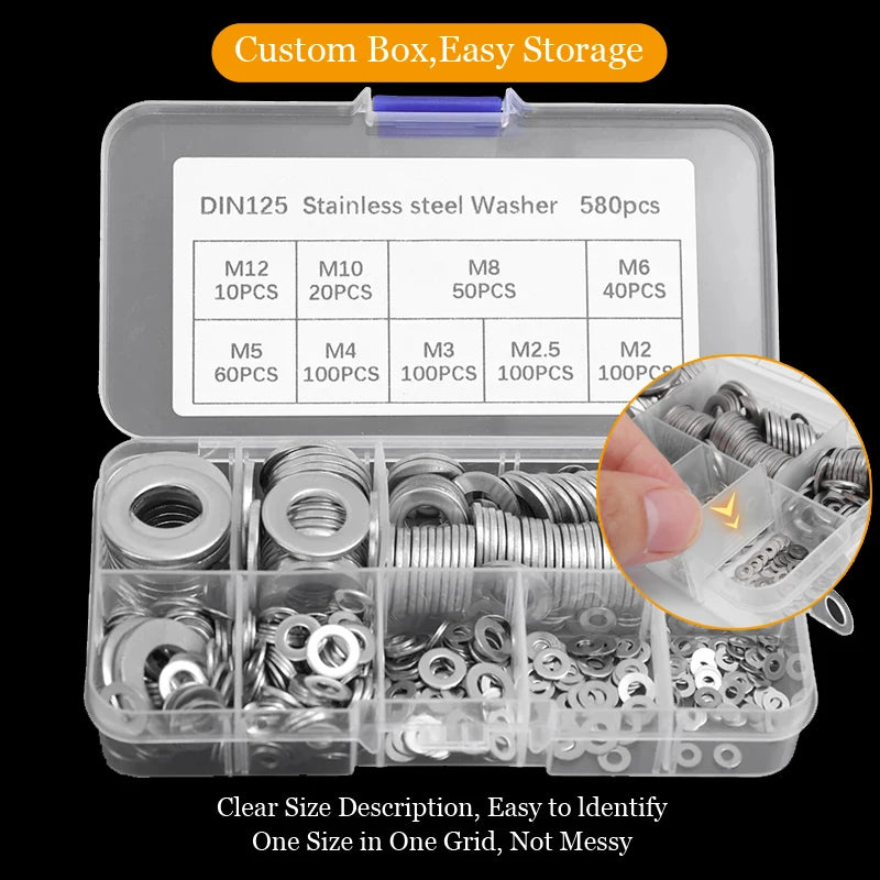 Stainless Steel Washer Kits Thin Smooth Metal Gaskets M6 M3 Plain Snap Washer M2 M2.5 M4 M5 M8 M10 M12 Screw Flat Washers Rings