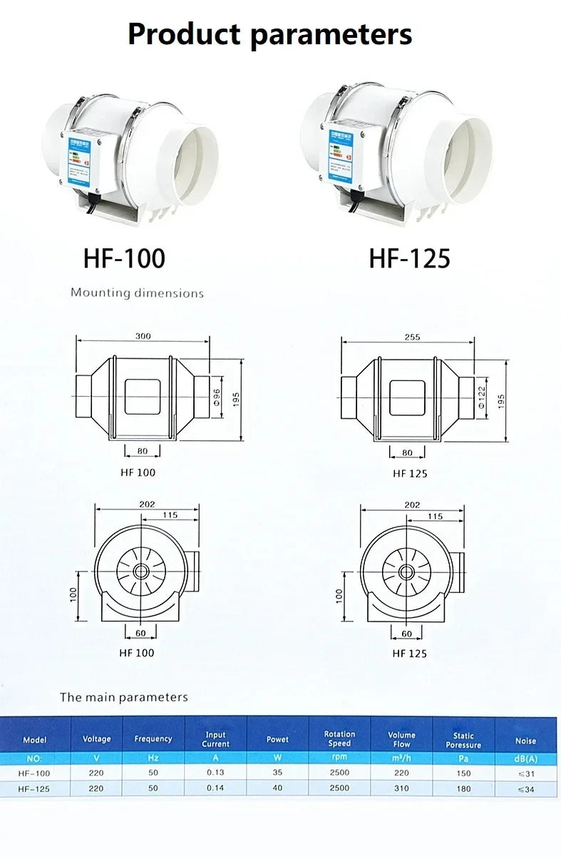 220V Exhaust Fans Household Low Noise Inline Duct Ventilation Fan Kitchen Bathroom Air Clean Ventilation Exhaust Fan 220m³/h