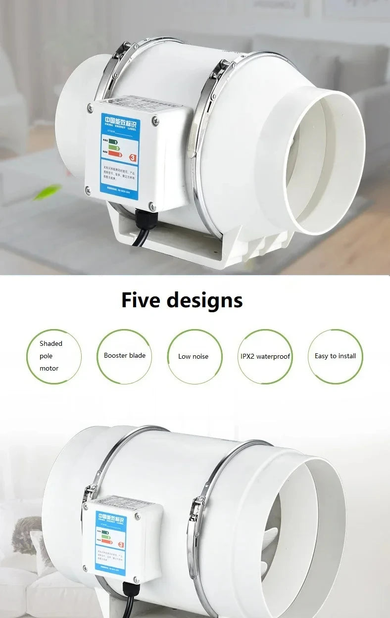 220V Exhaust Fans Household Low Noise Inline Duct Ventilation Fan Kitchen Bathroom Air Clean Ventilation Exhaust Fan 220m³/h