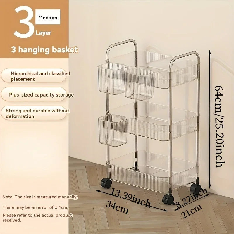 3Tier Clear Storage Cart with Wheels: Multifunctional Rolling Organizer for Home and Office, Ideal for Bedroom, Living Room，