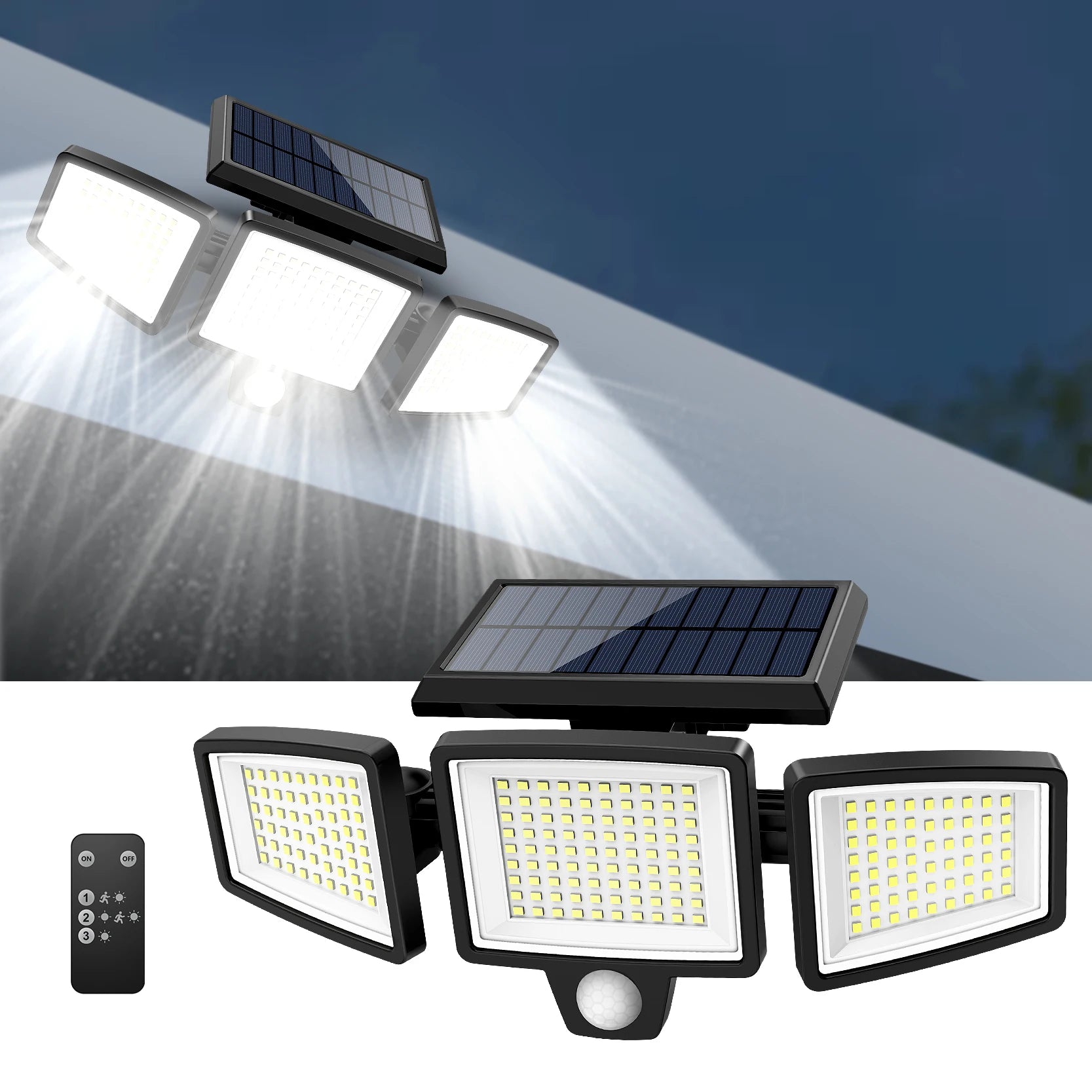 Luz Solar impermeable para exteriores con Sensor de movimiento, luz de seguridad de 3 cabezales y más de 200 LED para porches, garajes, entradas de patio