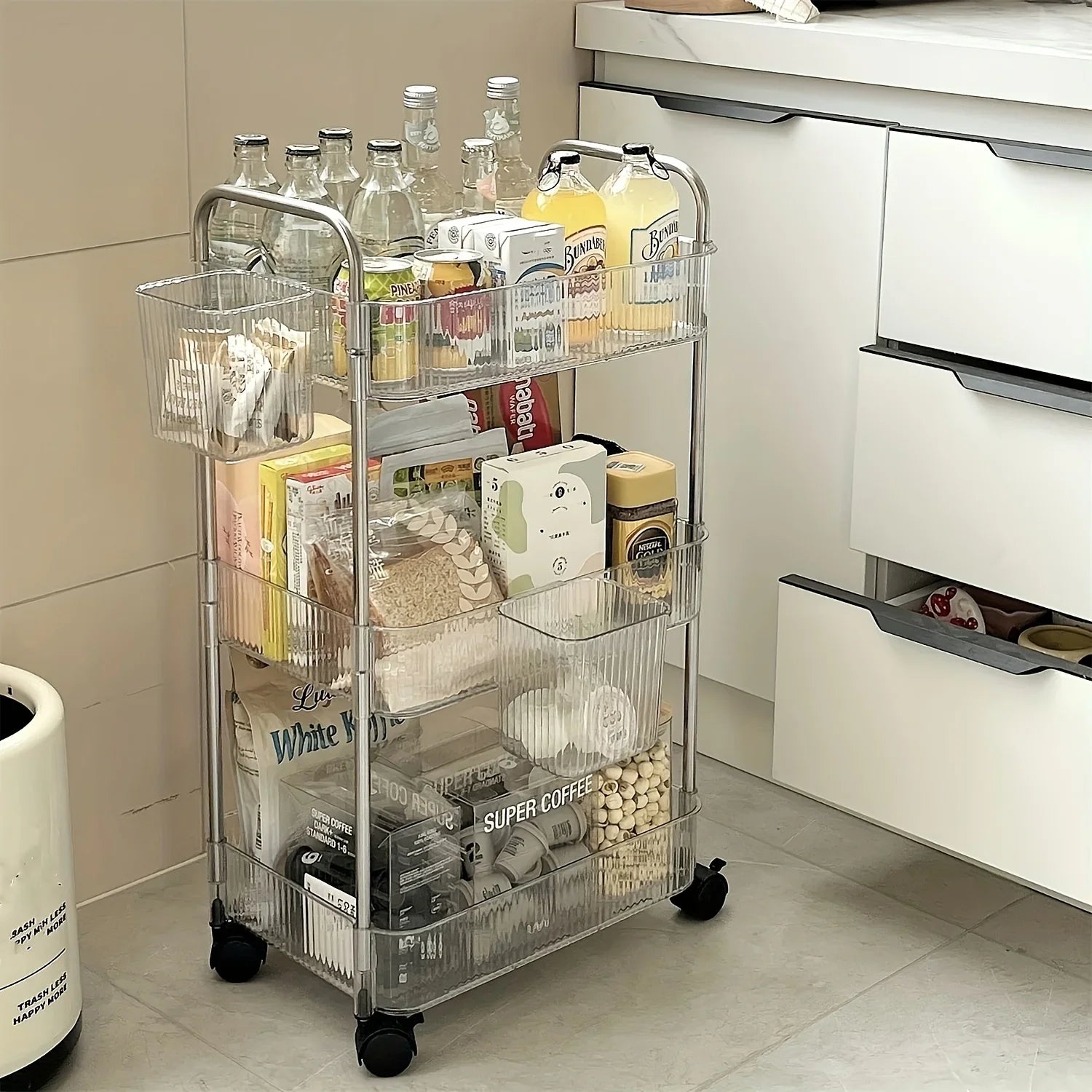 3Tier Clear Storage Cart with Wheels: Multifunctional Rolling Organizer for Home and Office, Ideal for Bedroom, Living Room，