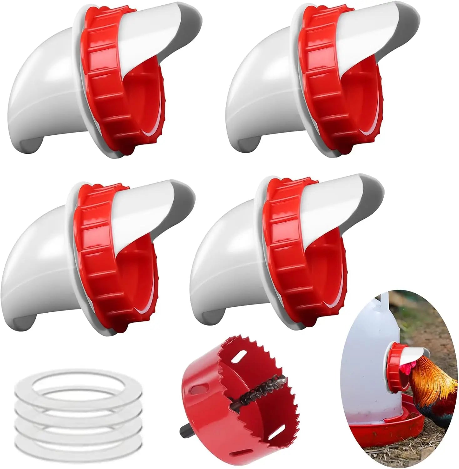 Comederos para pollos DIY, comederos para pollos sin residuos, alimentador automático para aves de corral, 8 puertos, sierra de 1 orificio, alimentador para pollitos por gravedad, a prueba de roedores y lluvia