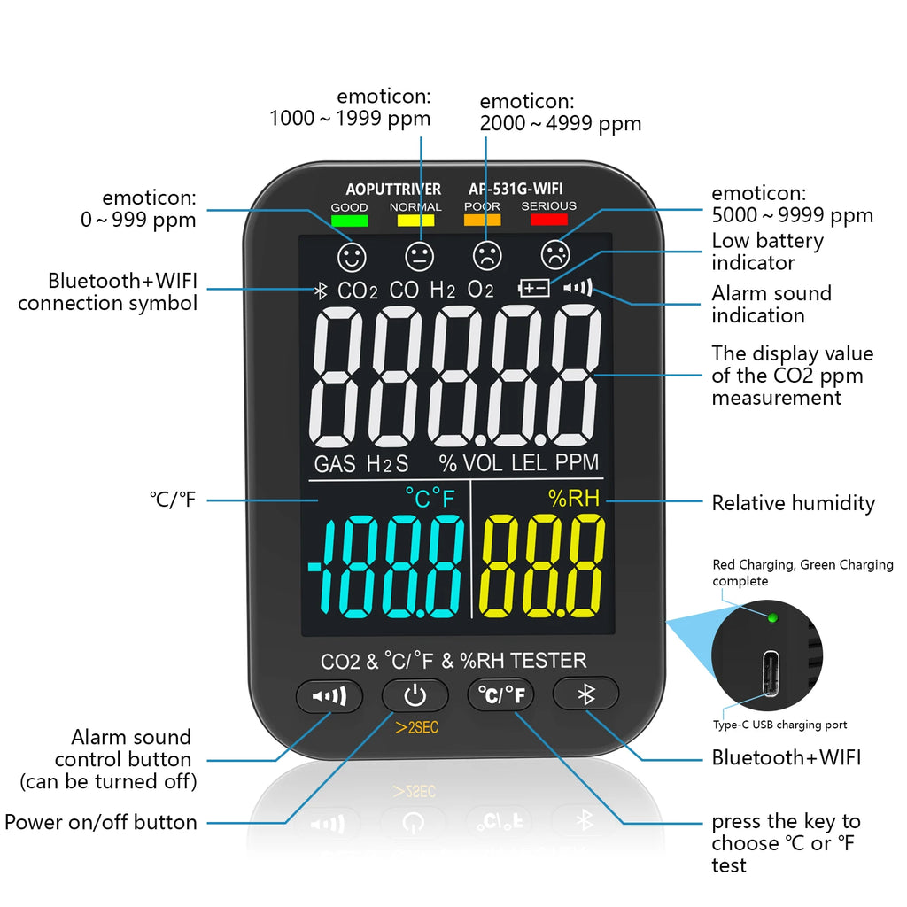 Professional Ammonia Gas Meter Detector, Digital NH3 Monitor Sensor with Range 0~100 PPM, Temperature, Humidity, Rechargeable