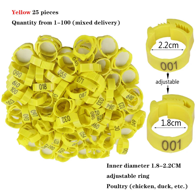 Anillos para patas de pollo, cierre de etiqueta de plástico ajustable para patas de aves de corral, Clip de trinquete Digital, herramienta de alimentación para granja de patos, palomas y gansos, 25/100