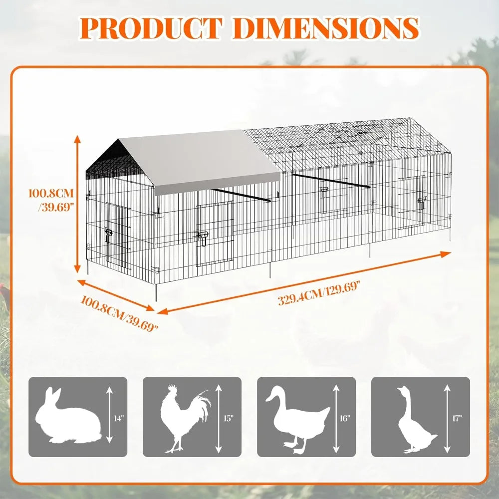 Gallinero de Metal de 130x40x40 Pulgadas con Cubierta Impermeable