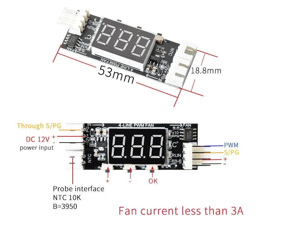 12V 4-Wire PWM Fan Controller – Temperature-Controlled Speed Regulator with Digital Display & 3A On/Off Switch