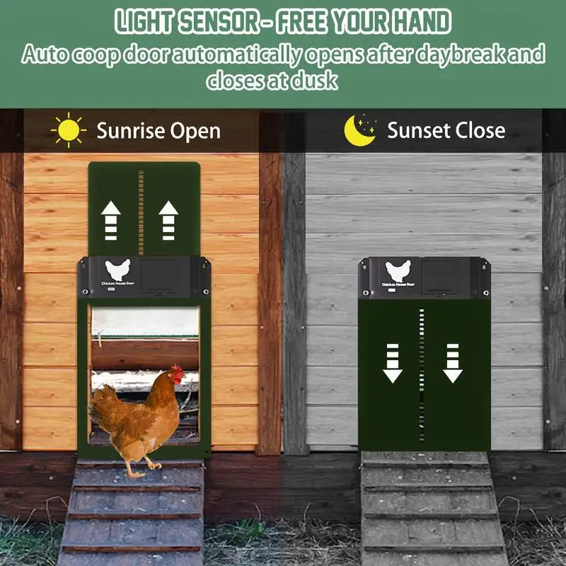 Puerta automática para gallinero, puerta de casa de pollos, Sensor de luz, abridor de pollos de granja, suministros para puerta de jaula de pato para mascotas, alimentado por batería