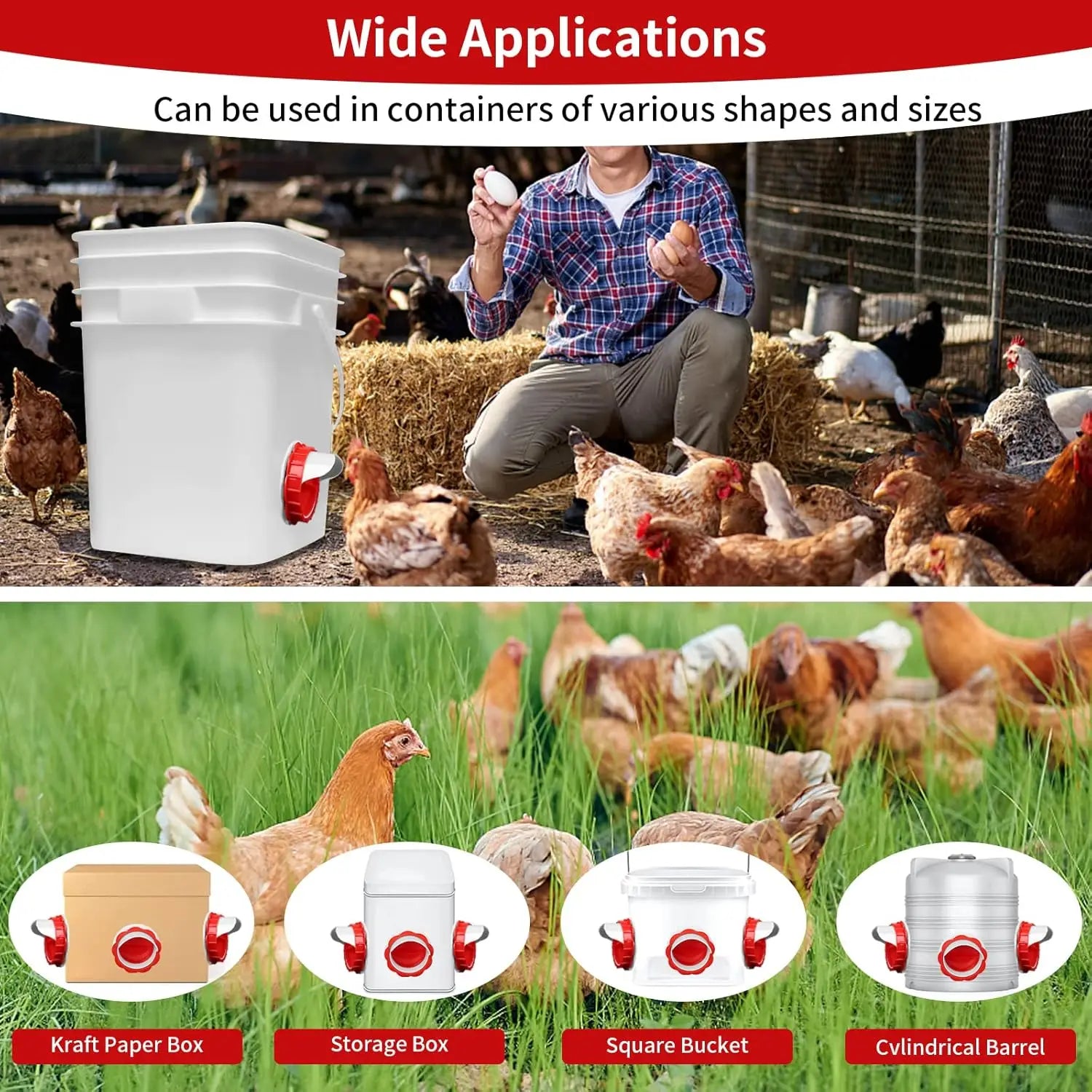Comederos para pollos DIY, comederos para pollos sin residuos, alimentador automático para aves de corral, 8 puertos, sierra de 1 orificio, alimentador para pollitos por gravedad, a prueba de roedores y lluvia