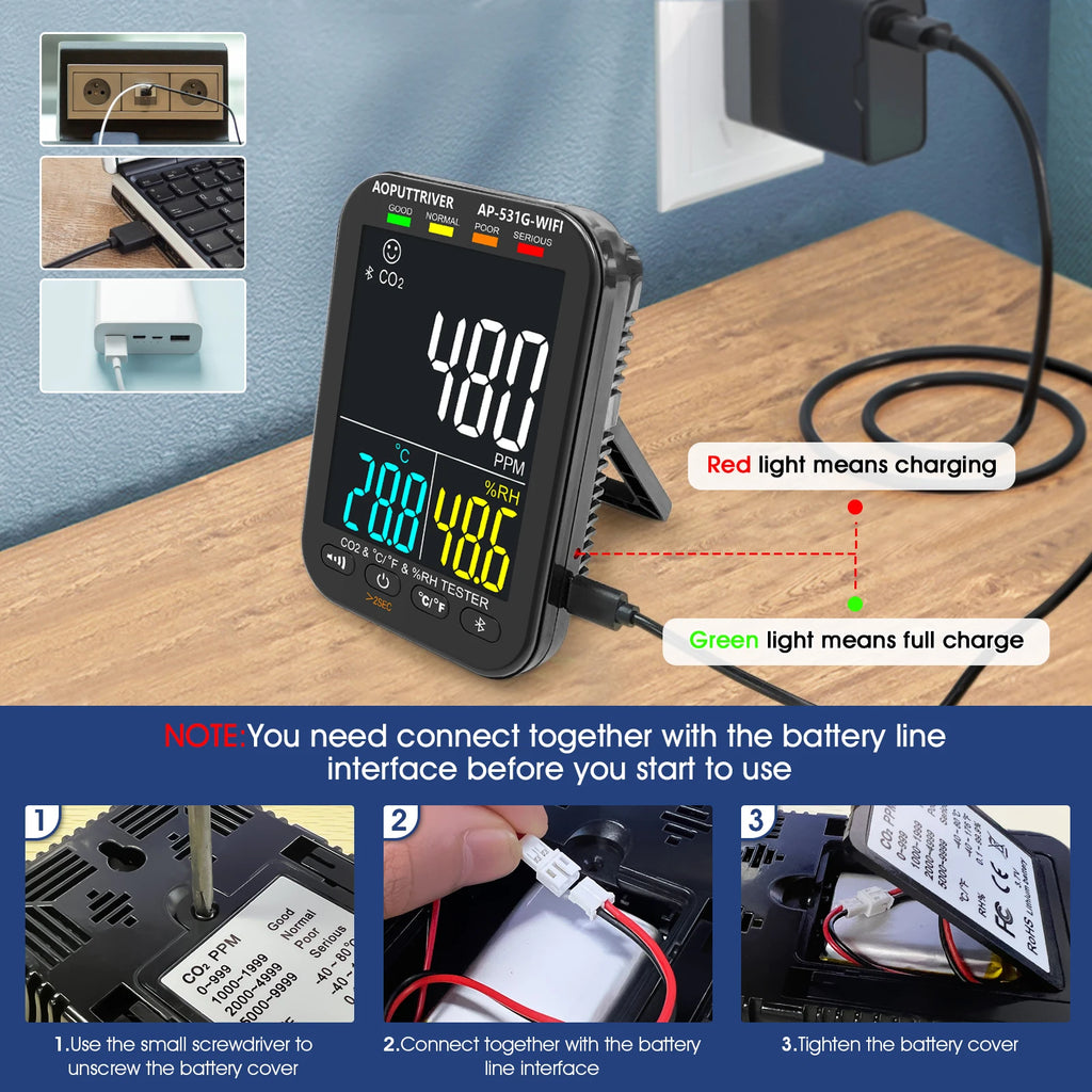 Professional Ammonia Gas Meter Detector, Digital NH3 Monitor Sensor with Range 0~100 PPM, Temperature, Humidity, Rechargeable