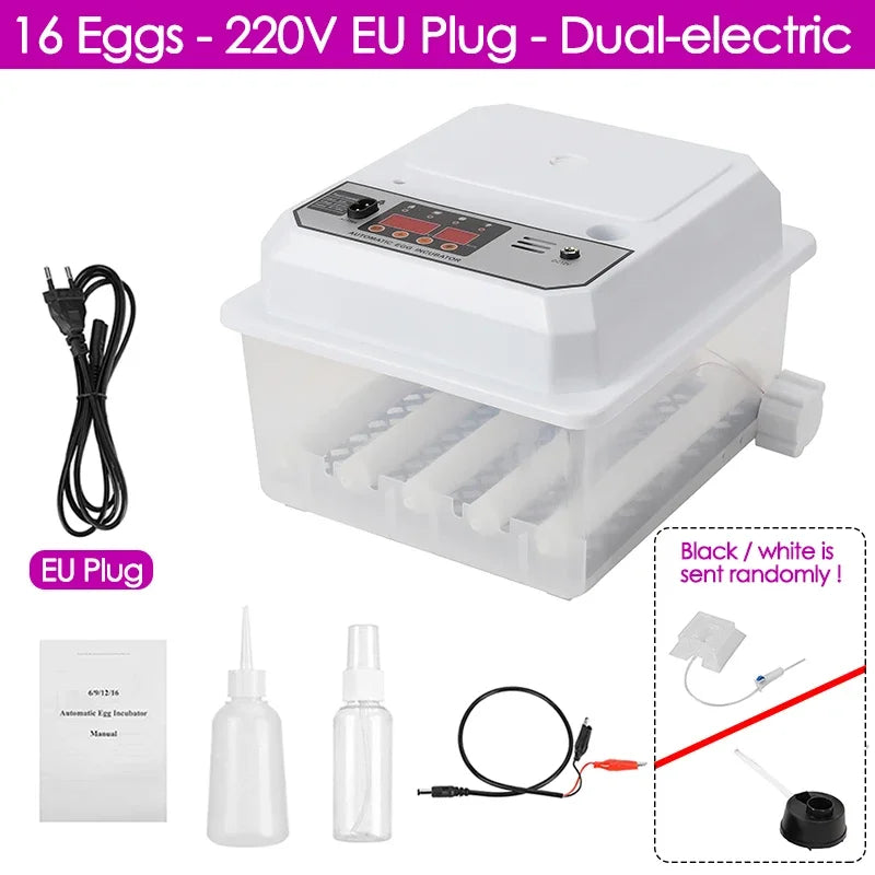 16 Eggs Farm Poultry Fully Automatic Turning Egg Incubator Dual-Electric Mini Household Brooder for Chicken Goose Duck Birds