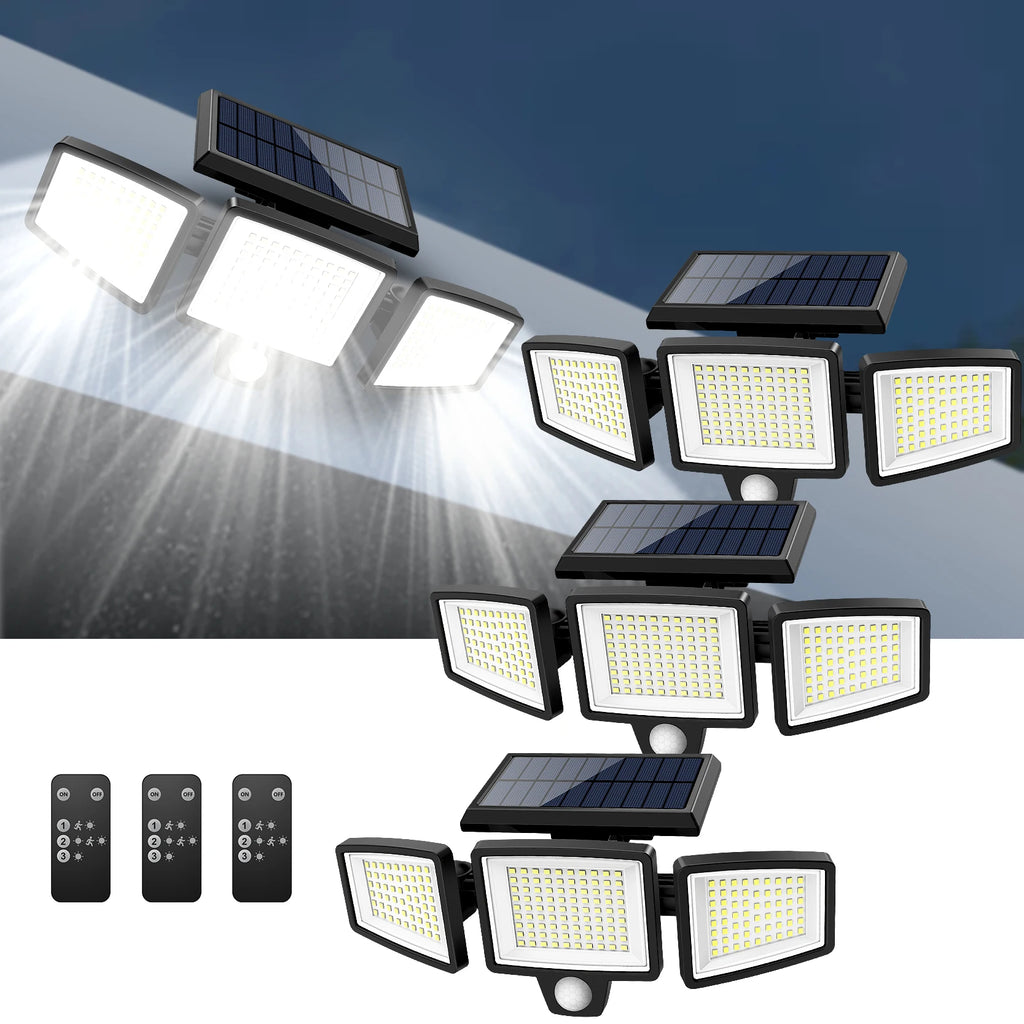 Luz Solar impermeable para exteriores con Sensor de movimiento, luz de seguridad de 3 cabezales y más de 200 LED para porches, garajes, entradas de patio