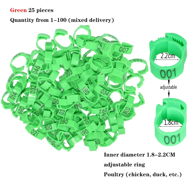 Anillos para patas de pollo, cierre de etiqueta de plástico ajustable para patas de aves de corral, Clip de trinquete Digital, herramienta de alimentación para granja de patos, palomas y gansos, 25/100