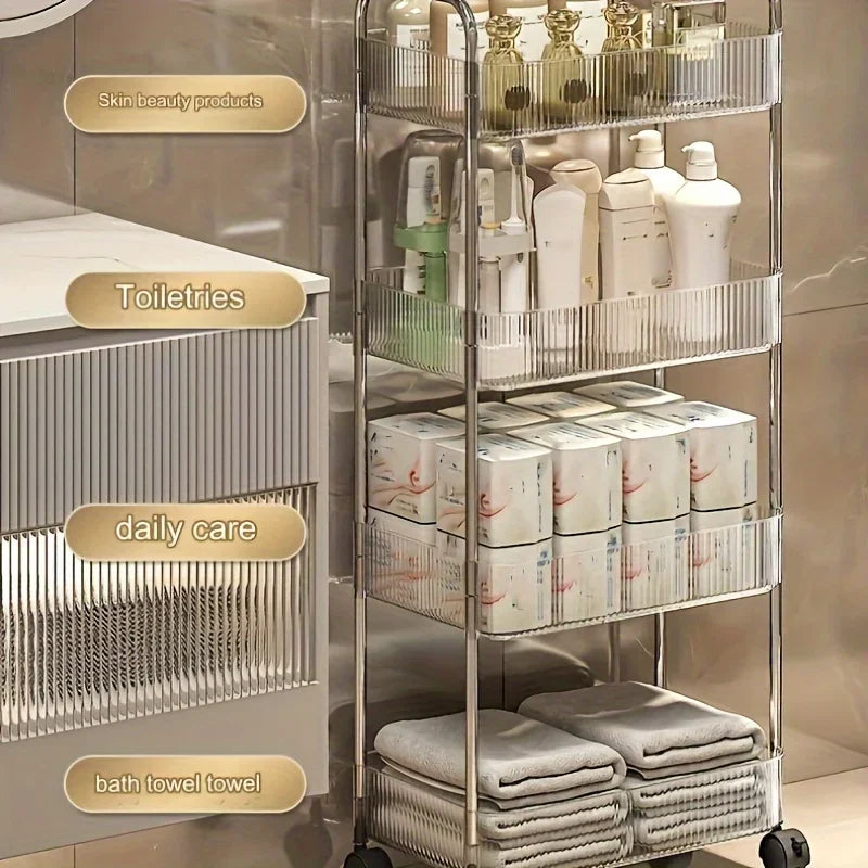 3Tier Clear Storage Cart with Wheels: Multifunctional Rolling Organizer for Home and Office, Ideal for Bedroom, Living Room，