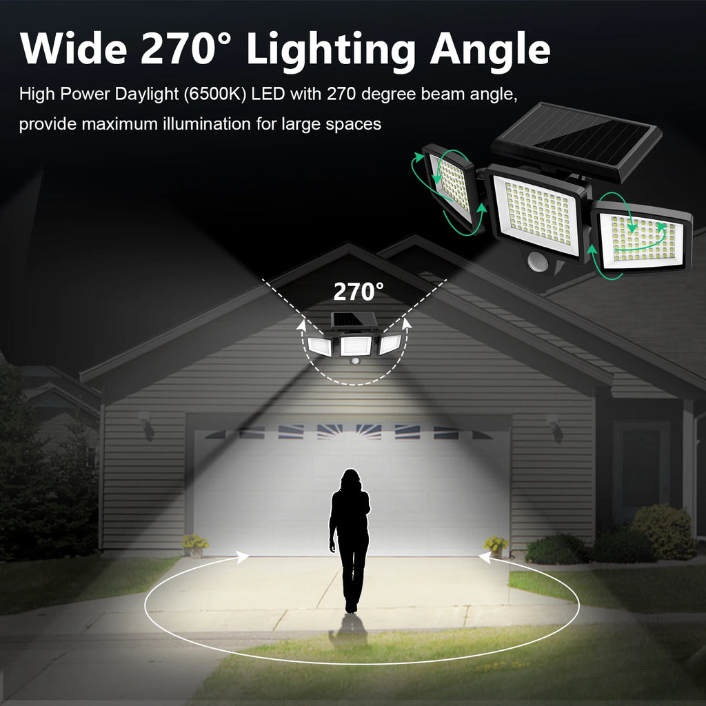 Luz Solar impermeable para exteriores con Sensor de movimiento, luz de seguridad de 3 cabezales y más de 200 LED para porches, garajes, entradas de patio
