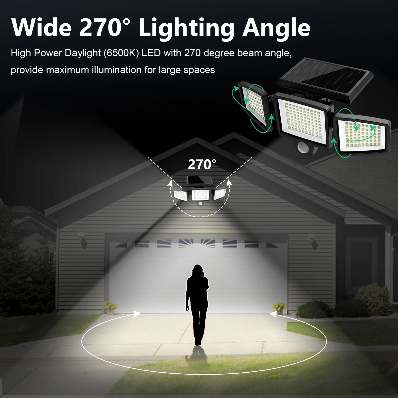 Luz Solar impermeable para exteriores con Sensor de movimiento, luz de seguridad de 3 cabezales y más de 200 LED para porches, garajes, entradas de patio