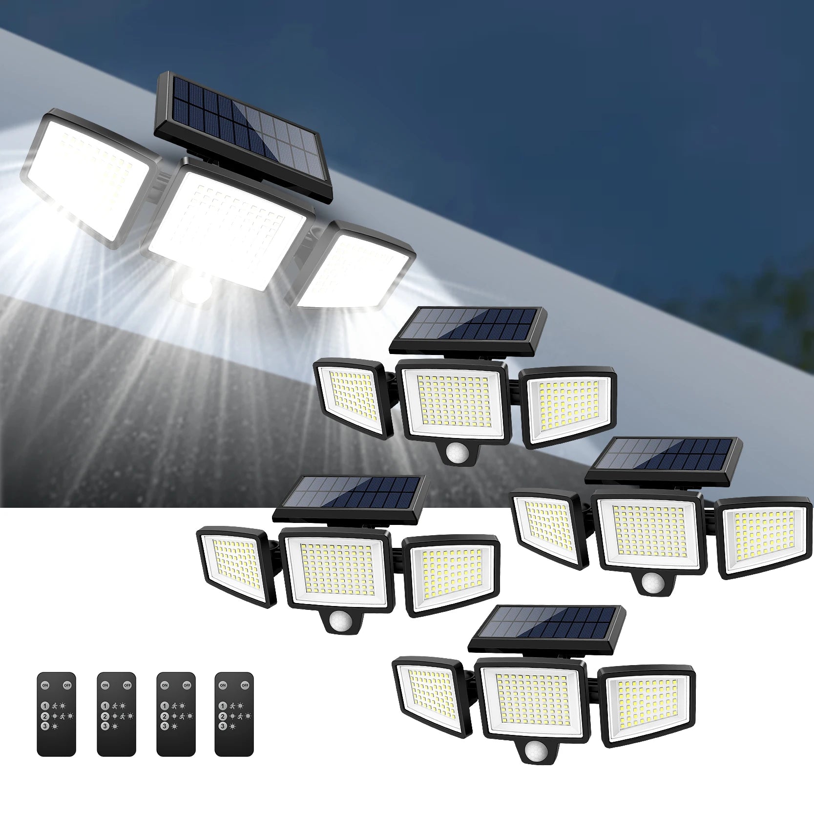 Luz Solar impermeable para exteriores con Sensor de movimiento, luz de seguridad de 3 cabezales y más de 200 LED para porches, garajes, entradas de patio