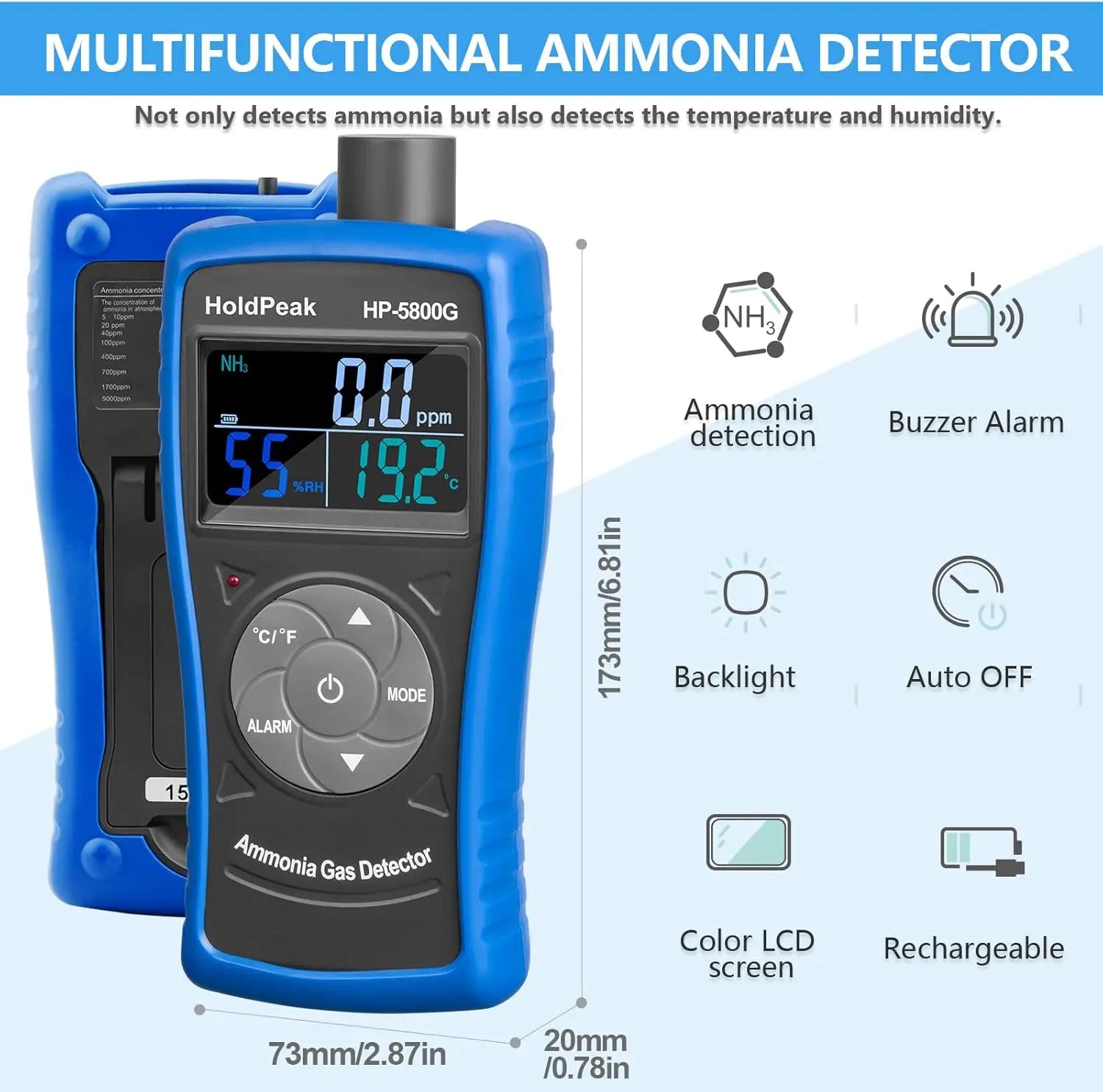 Professional Ammonia Gas Meter Detector, Digital NH3 Monitor Sensor with Range 0~100 PPM, Temperature, Humidity, Rechargeable