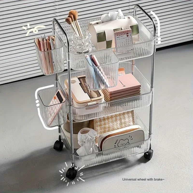 3Tier Clear Storage Cart with Wheels: Multifunctional Rolling Organizer for Home and Office, Ideal for Bedroom, Living Room，