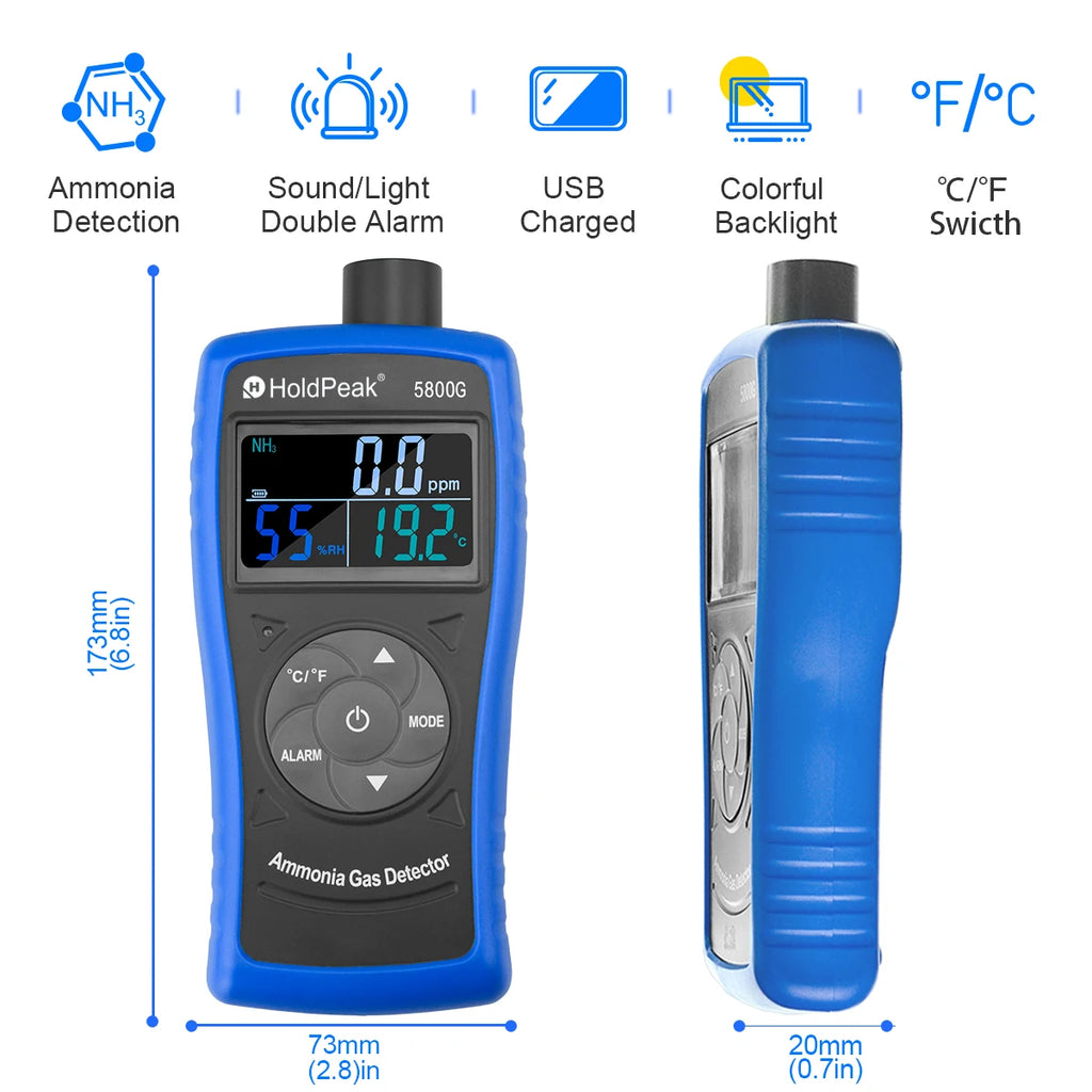 Professional Ammonia Gas Meter Detector, Digital NH3 Monitor Sensor with Range 0~100 PPM, Temperature, Humidity, Rechargeable