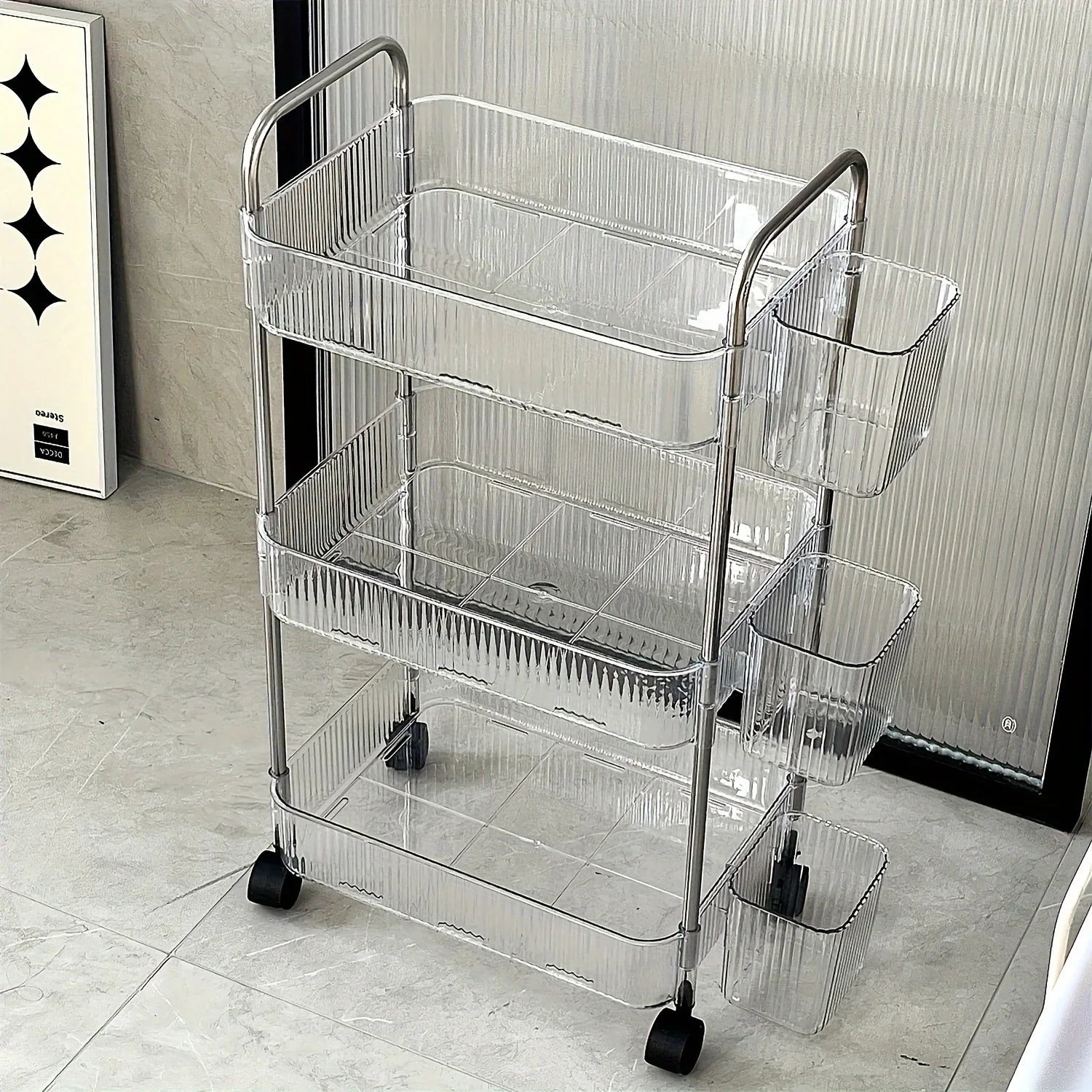 3Tier Clear Storage Cart with Wheels: Multifunctional Rolling Organizer for Home and Office, Ideal for Bedroom, Living Room，