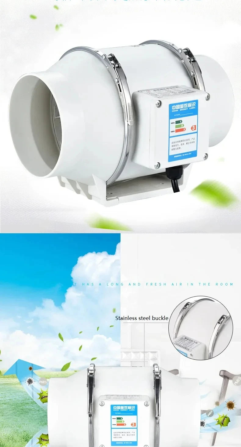 220V Exhaust Fans Household Low Noise Inline Duct Ventilation Fan Kitchen Bathroom Air Clean Ventilation Exhaust Fan 220m³/h