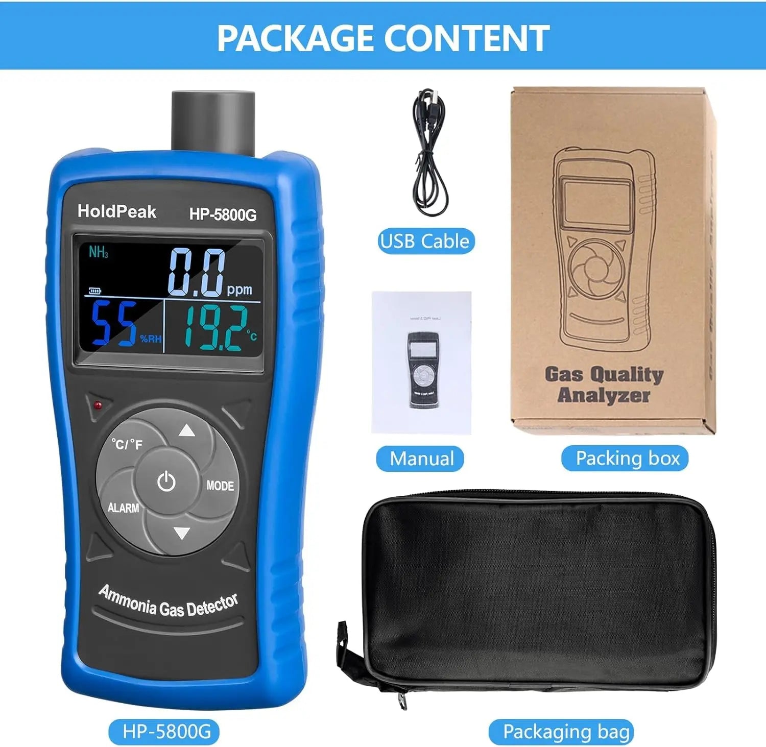 Professional Ammonia Gas Meter Detector, Digital NH3 Monitor Sensor with Range 0~100 PPM, Temperature, Humidity, Rechargeable