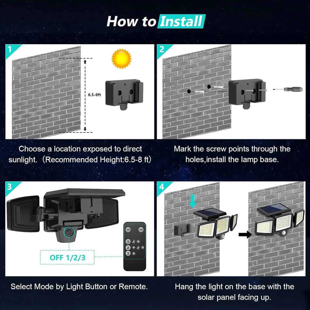 Luz Solar impermeable para exteriores con Sensor de movimiento, luz de seguridad de 3 cabezales y más de 200 LED para porches, garajes, entradas de patio