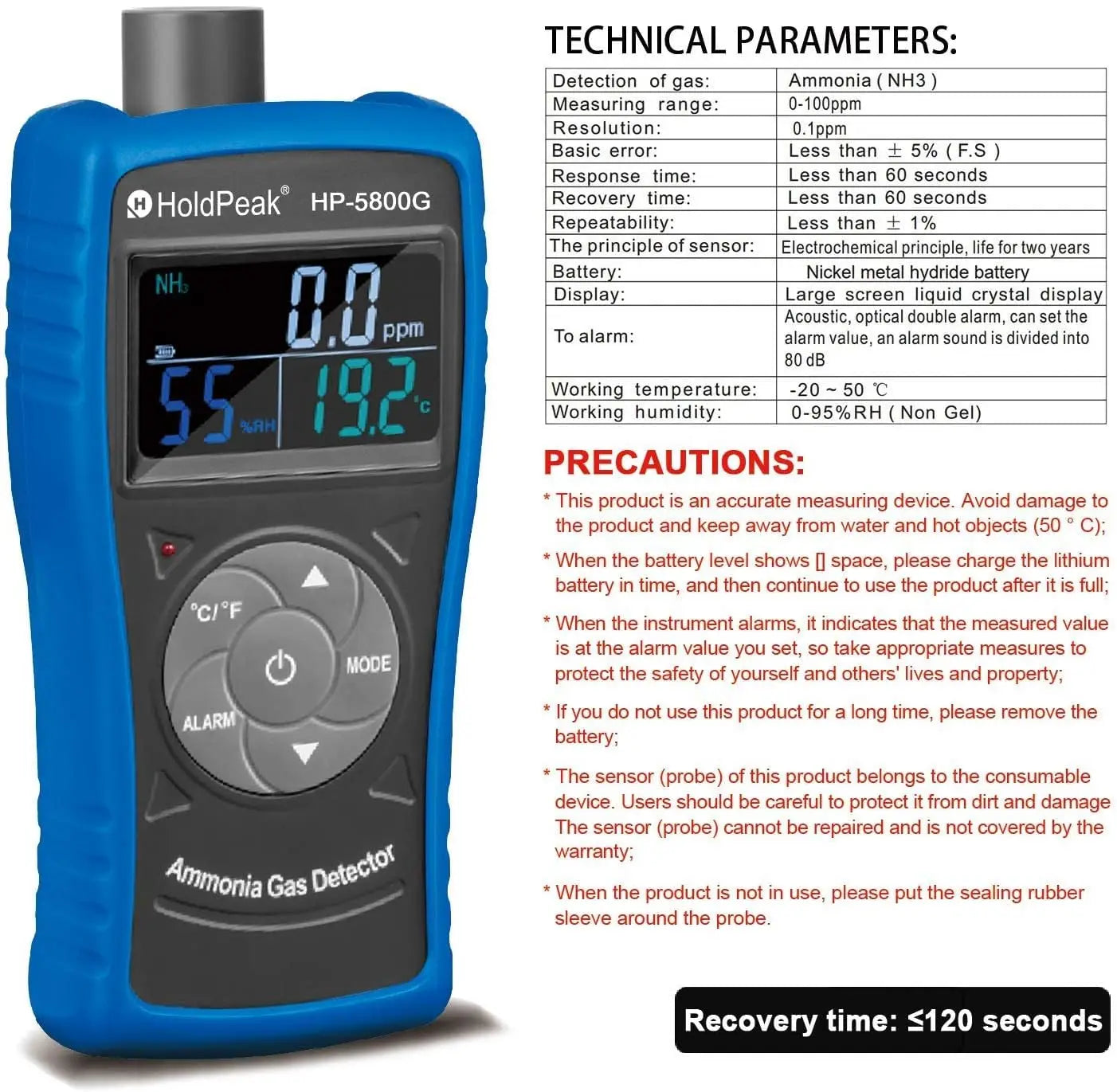 Professional Ammonia Gas Meter Detector, Digital NH3 Monitor Sensor with Range 0~100 PPM, Temperature, Humidity, Rechargeable