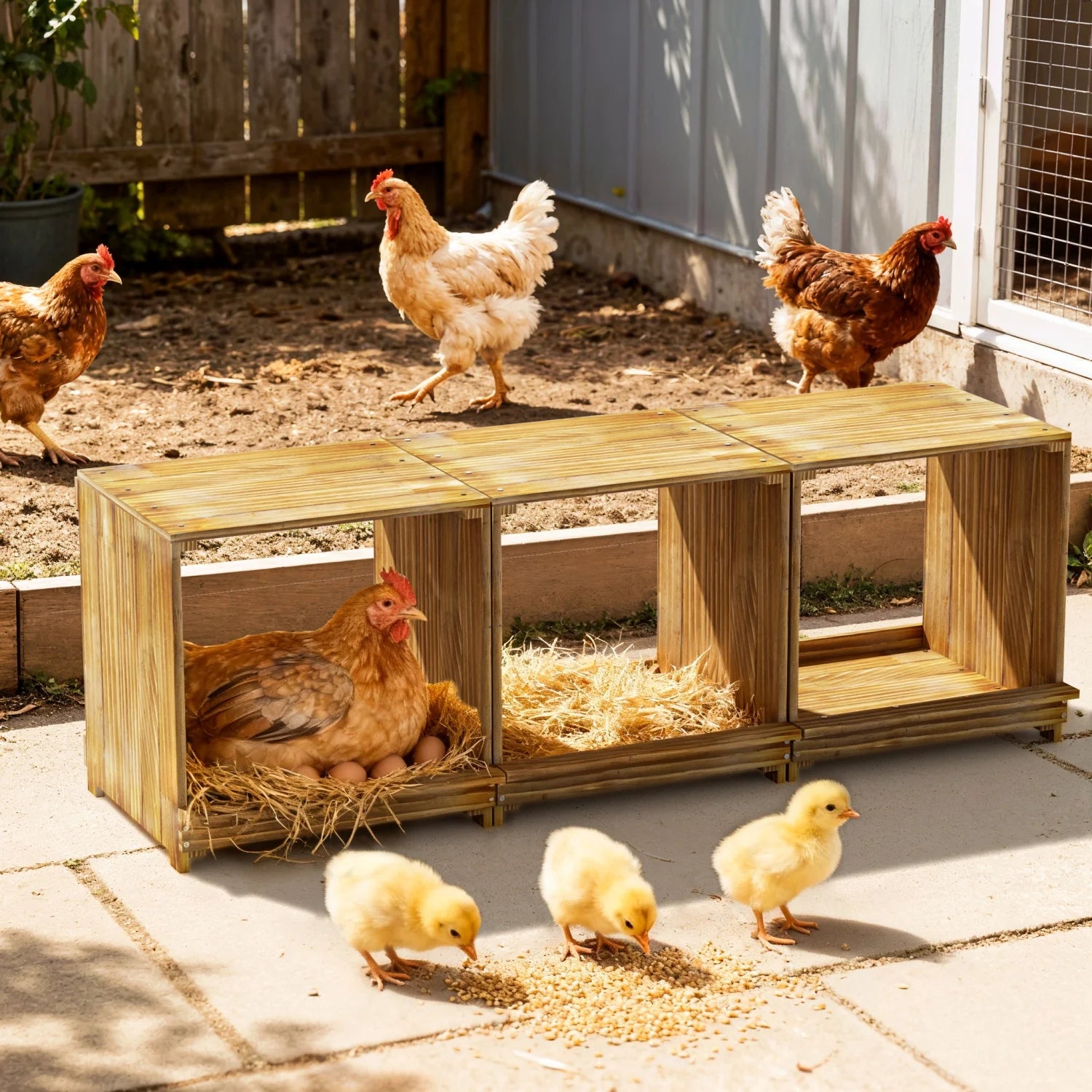 Caja Anidadora de Madera con 3 Compartimentos para Gallinas